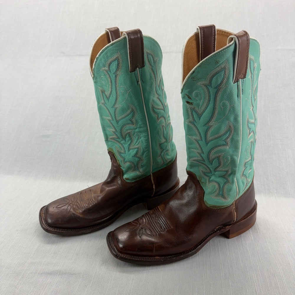 Justin Cowboy Boots Womens 10 B BRL310 Brown Turquoise Embroidered Square Toe